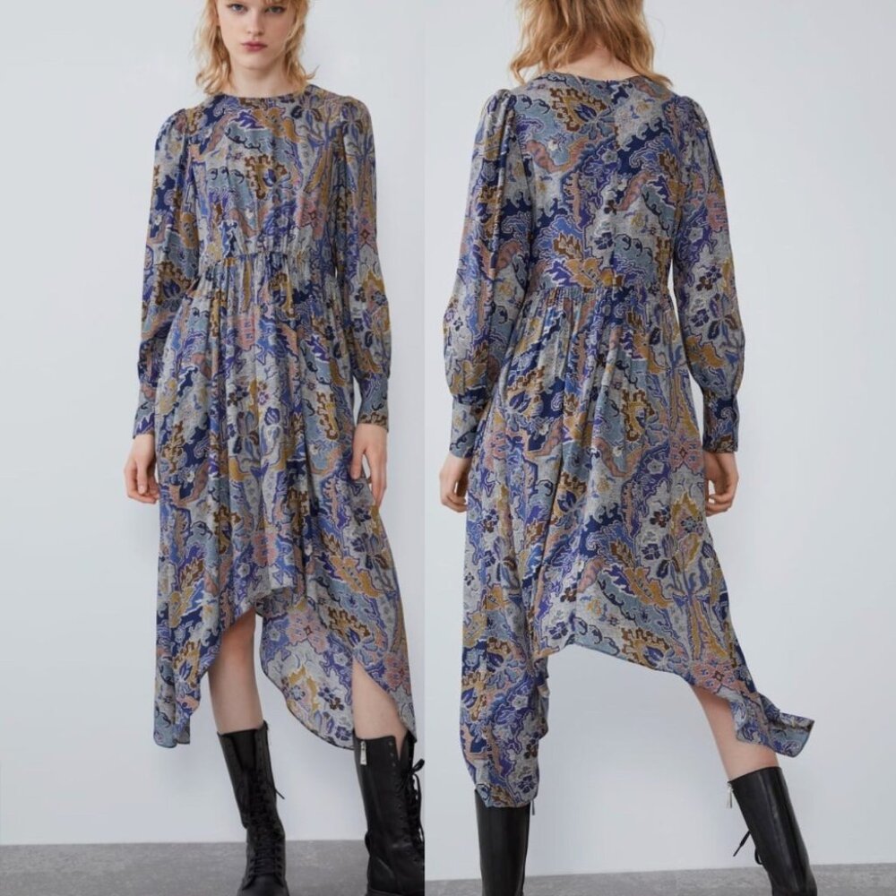ZARA Aztec Southwestern Woven Print Asymmetric Hem Dress Blue 8265/457 NWT L